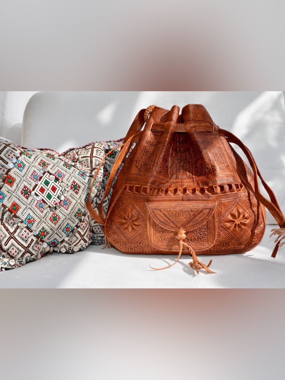 Moroccan Leather Hand-Tooled Bucket Shoulder Drawstring Bag Brown